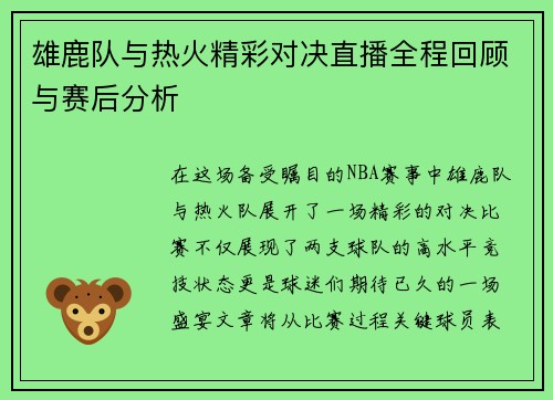雄鹿队与热火精彩对决直播全程回顾与赛后分析