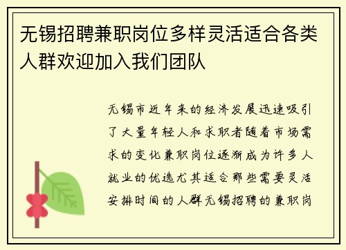 无锡招聘兼职岗位多样灵活适合各类人群欢迎加入我们团队