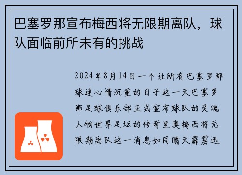 巴塞罗那宣布梅西将无限期离队，球队面临前所未有的挑战