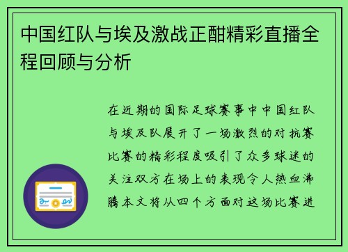 中国红队与埃及激战正酣精彩直播全程回顾与分析