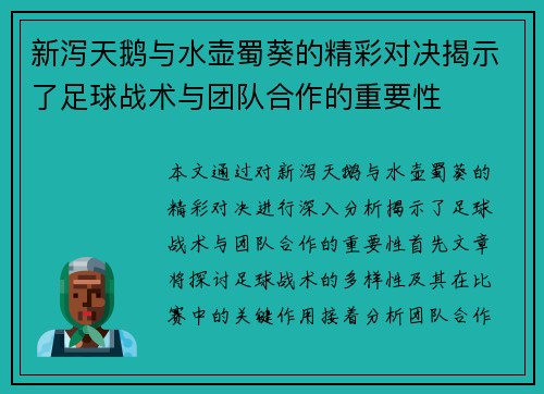 新泻天鹅与水壶蜀葵的精彩对决揭示了足球战术与团队合作的重要性