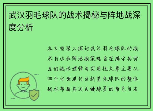 武汉羽毛球队的战术揭秘与阵地战深度分析