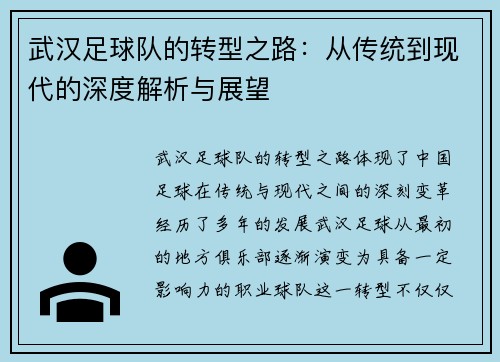 武汉足球队的转型之路：从传统到现代的深度解析与展望