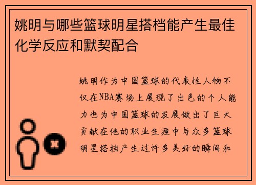 姚明与哪些篮球明星搭档能产生最佳化学反应和默契配合