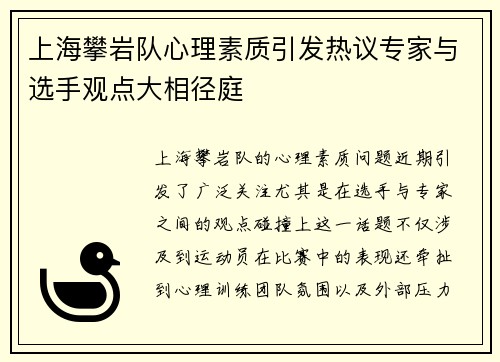 上海攀岩队心理素质引发热议专家与选手观点大相径庭