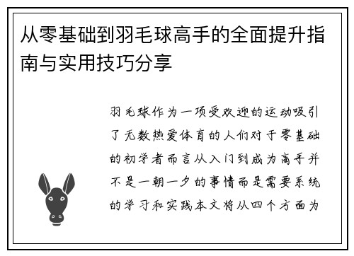 从零基础到羽毛球高手的全面提升指南与实用技巧分享