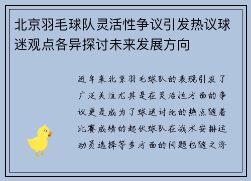 北京羽毛球队灵活性争议引发热议球迷观点各异探讨未来发展方向