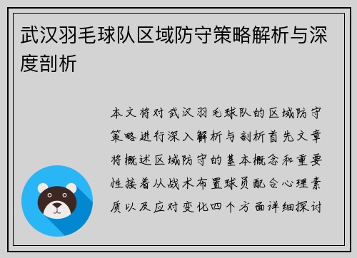 武汉羽毛球队区域防守策略解析与深度剖析