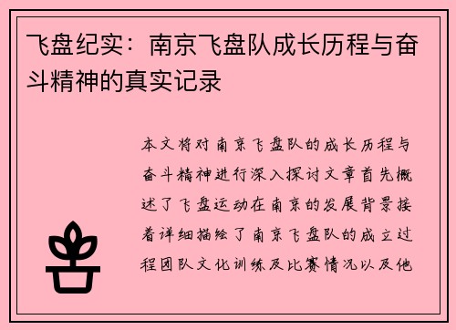 飞盘纪实：南京飞盘队成长历程与奋斗精神的真实记录