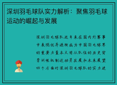 深圳羽毛球队实力解析：聚焦羽毛球运动的崛起与发展