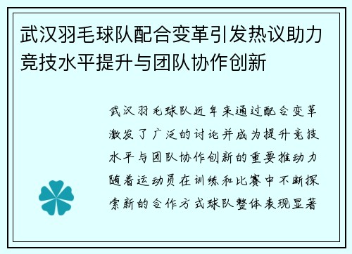 武汉羽毛球队配合变革引发热议助力竞技水平提升与团队协作创新
